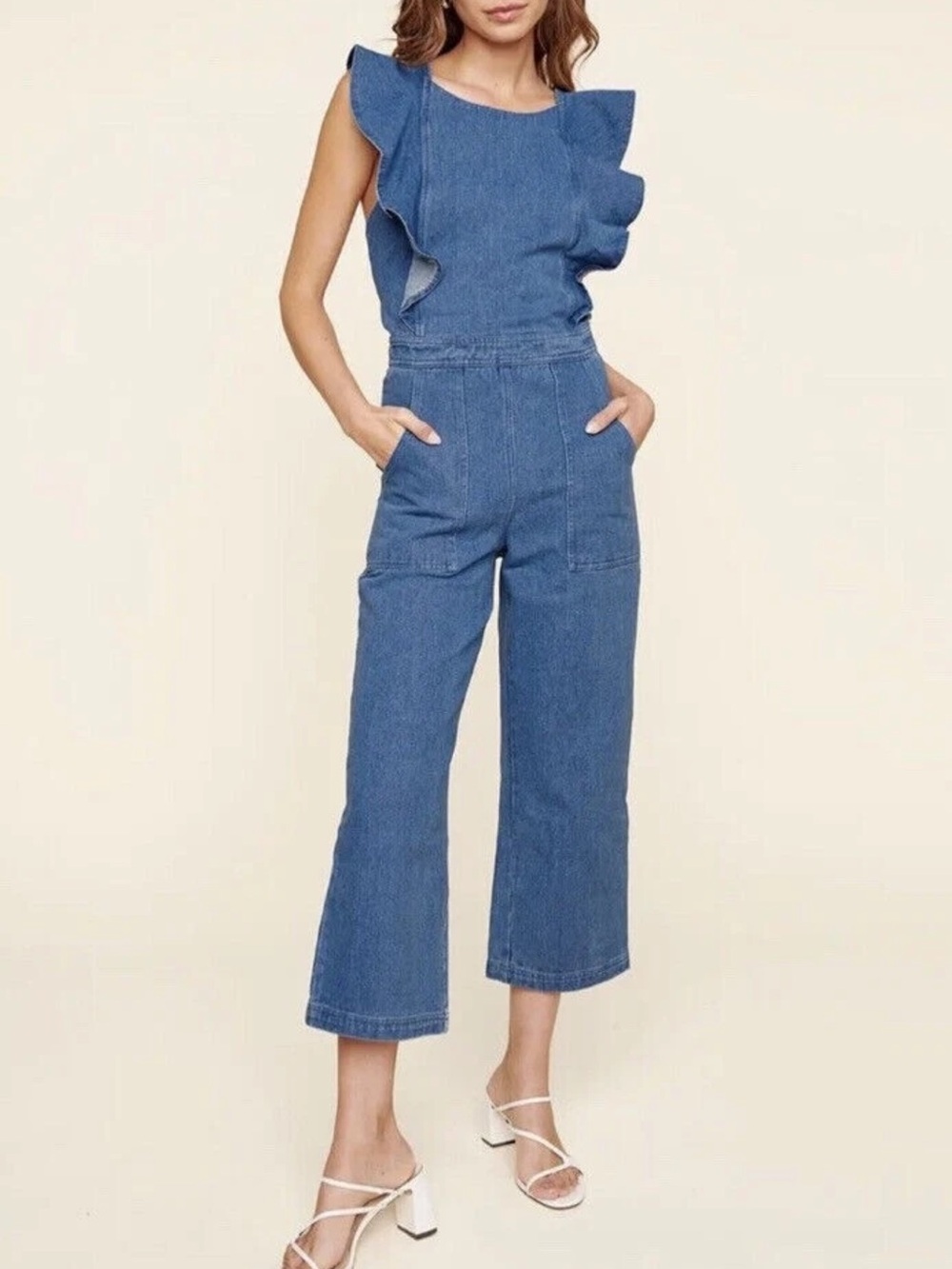 Sugarlips Blue Denim Ruffle-Sleeve Wide-Leg Jumpsuit